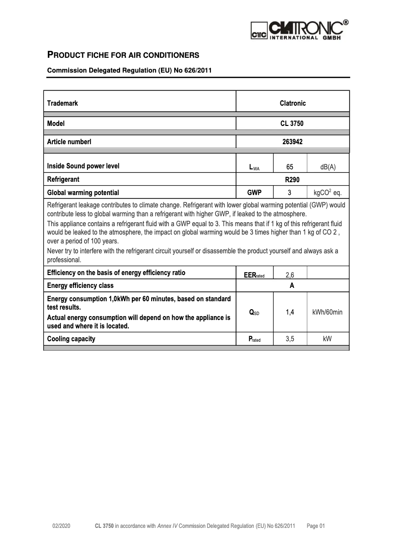 Page 1 de la notice Fiche technique Clatronic CL 3750