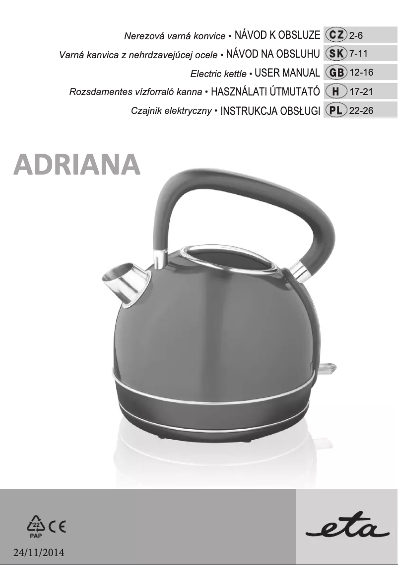 Page 1 de la notice Manuel utilisateur Eta Adriana