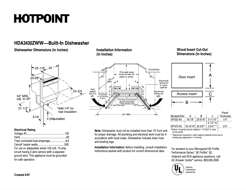 Page 1 of the manual Technical Sheet Hotpoint HDA3430ZWW