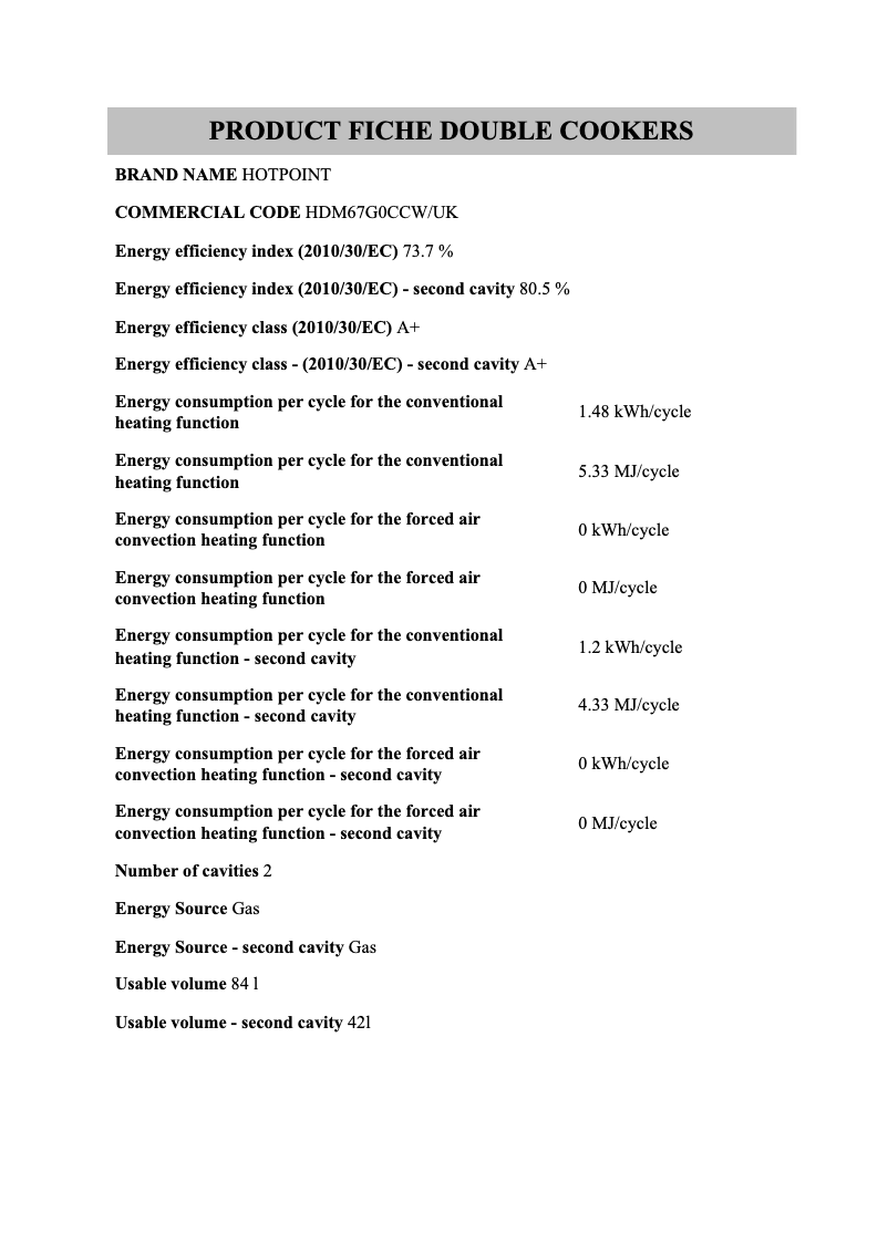 Page 1 de la notice Fiche technique Hotpoint HDM67G0CCW/UK