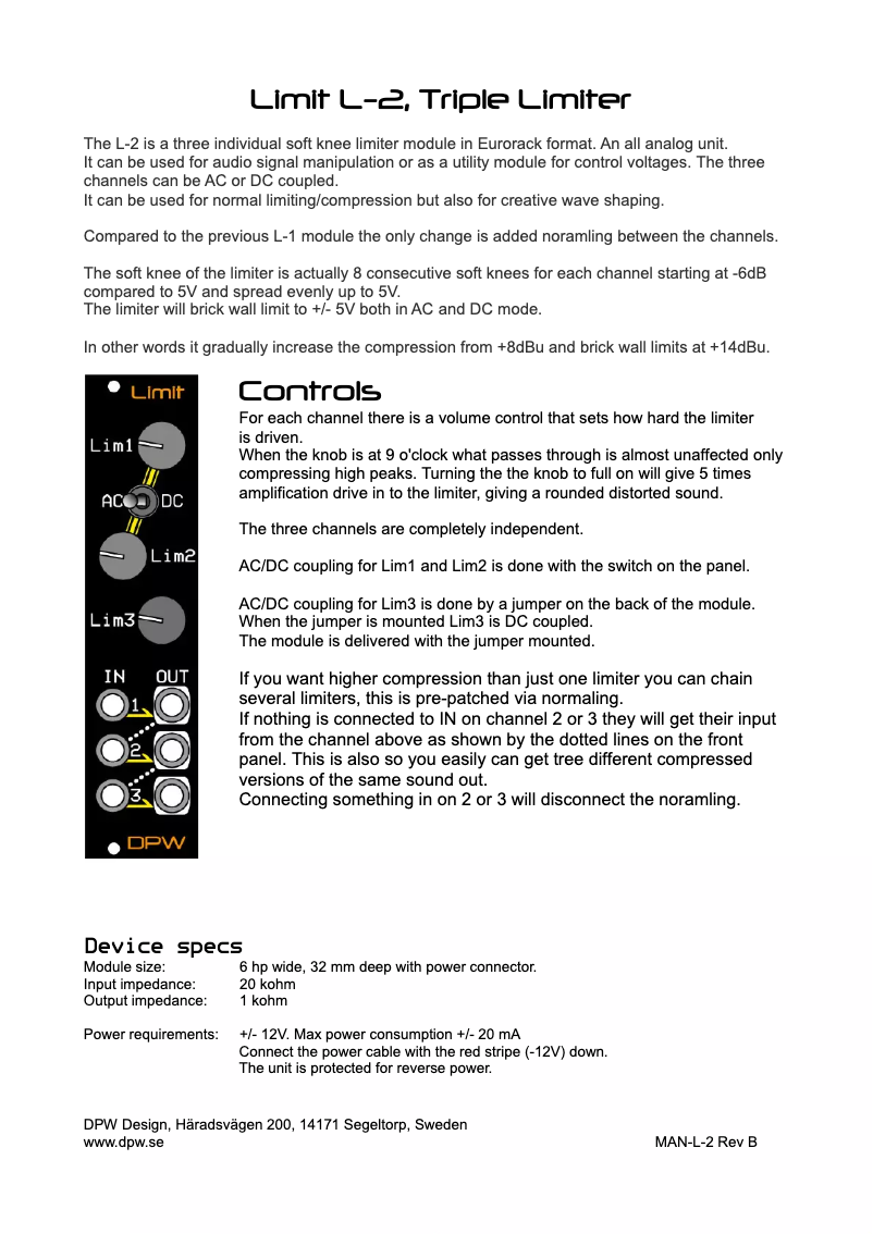 Page 1 de la notice Manuel utilisateur DPW Design Limit
