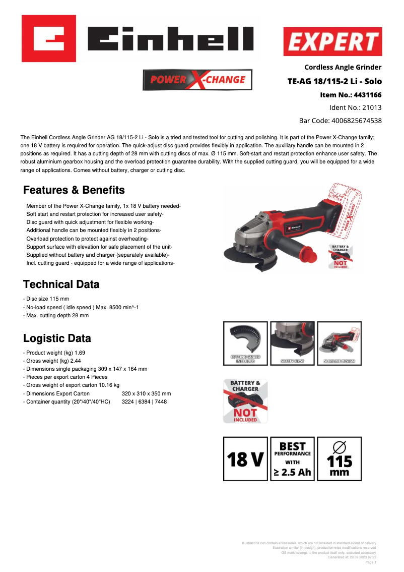 Página 1 del manual Ficha técnica Einhell TE-AG 18/115-2 Li