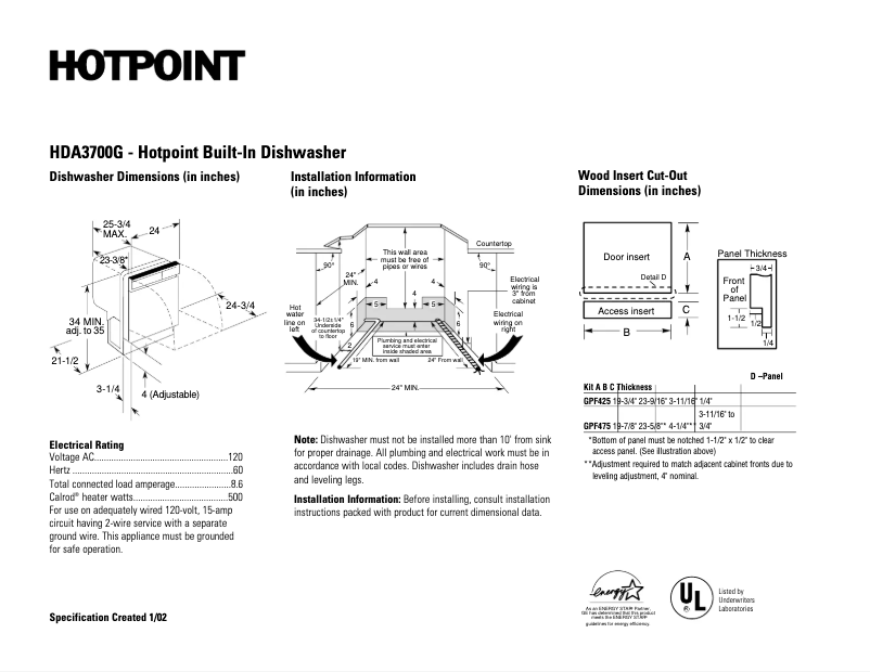 Página 1 del manual Ficha técnica Hotpoint HDA3700GCC