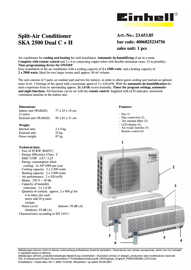 Page 1 de la notice Fiche technique Einhell SKA 2500 Dual C+H