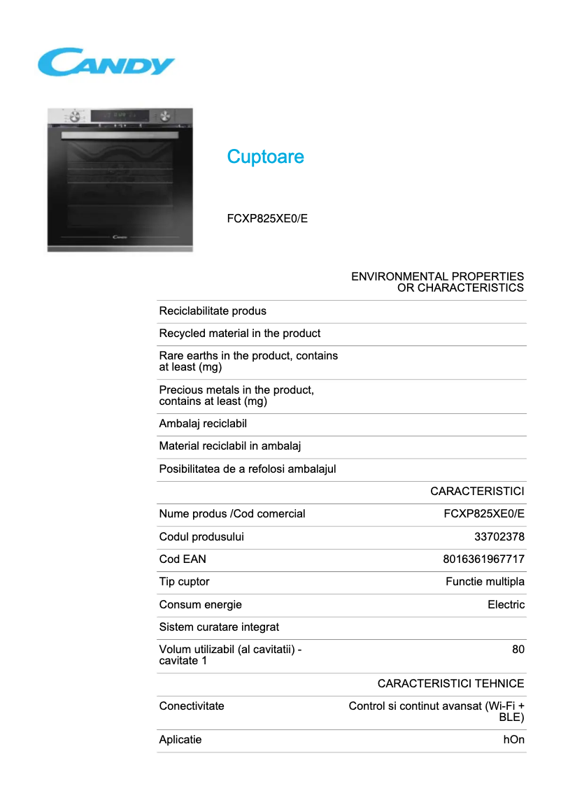 Página 1 del manual Ficha técnica Candy FCXP825XE0/E