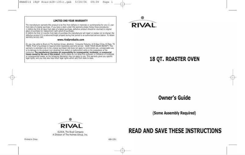 Page 1 de la notice Manuel utilisateur Rival RO180