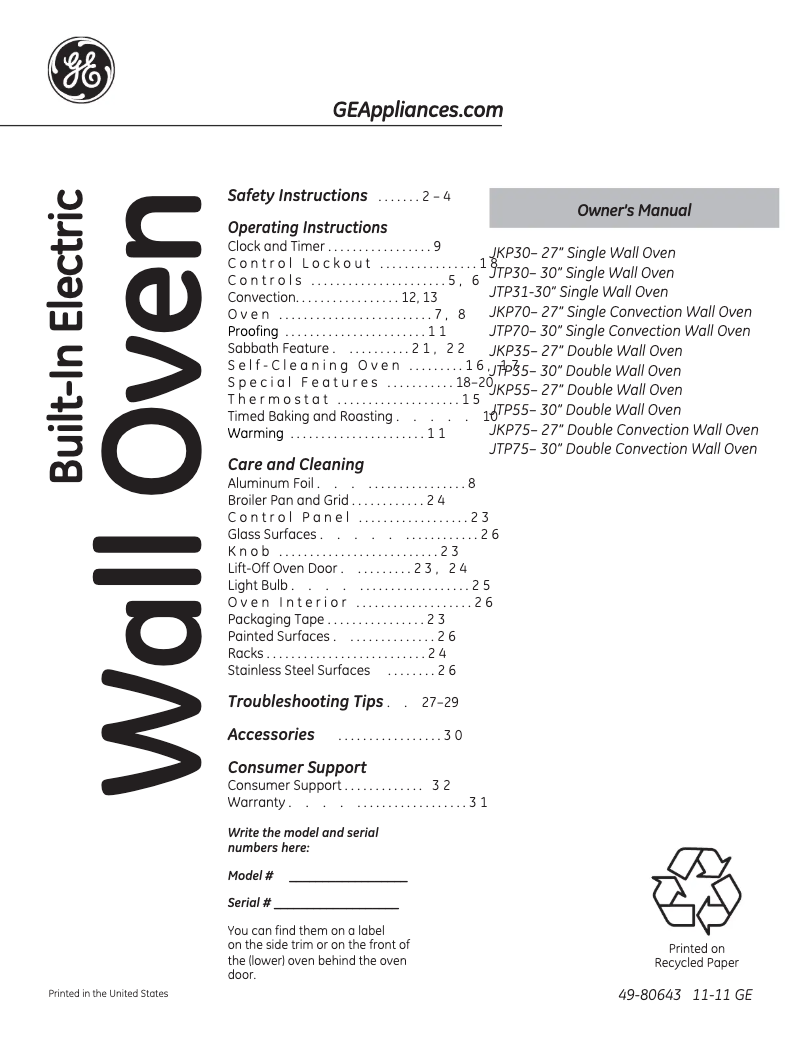 Page 1 of the manual Use and Maintenance Manual GE JKP55DPWW