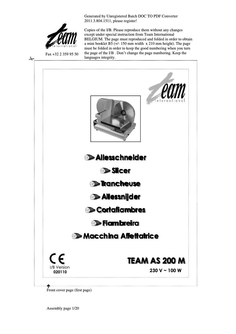 Page 1 de la notice Manuel utilisateur Team AS 200M