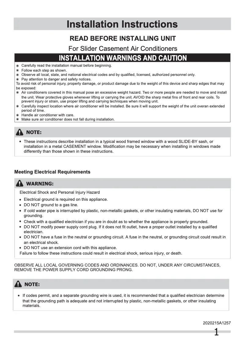 Page 1 de la notice Guide d'installation Frigidaire FFRS08C3Q1
