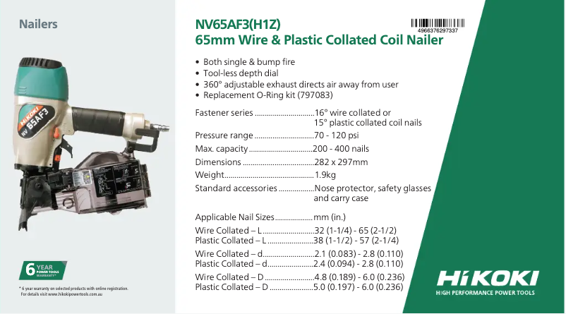 Page 1 de la notice Fiche technique HiKOKI NV65AF3