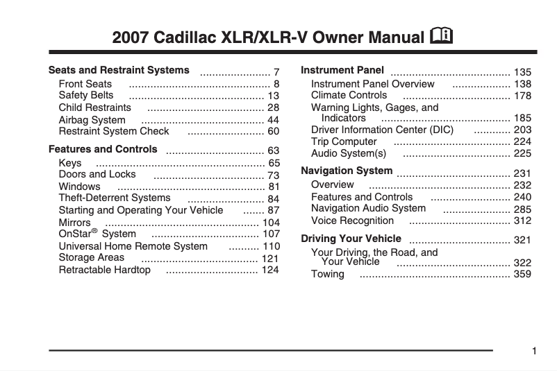 Página 1 del manual Manual de usuario Cadillac XLR (2004)