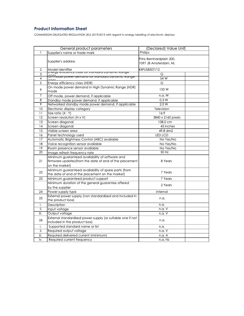 Page 1 of the manual Technical Sheet Philips The One 43PUS8507