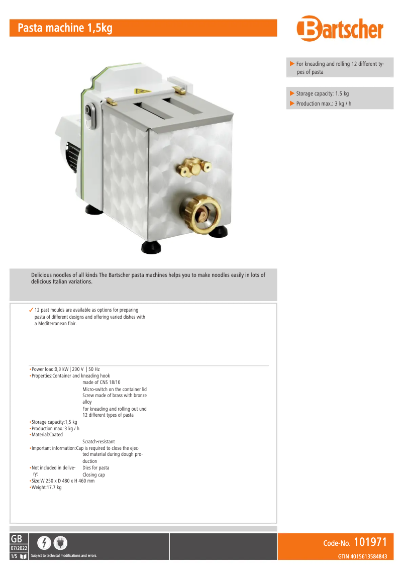 Page 1 de la notice Fiche technique Bartscher 101971