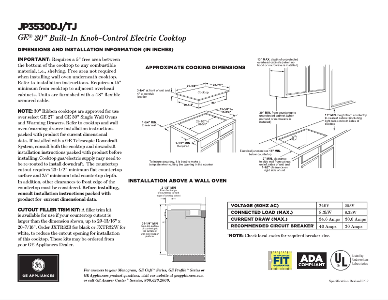 Página 1 del manual Ficha técnica GE JP3530DJBB