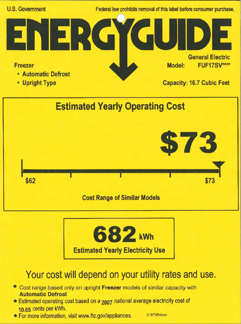 Page 1 de la notice Label énergétique GE FUF17SVRWW