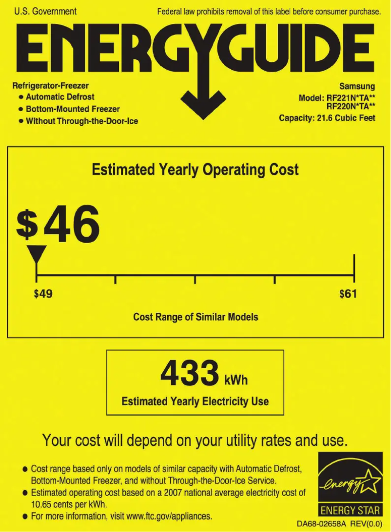 Page 1 de la notice Label énergétique Samsung RF220NCTAWW