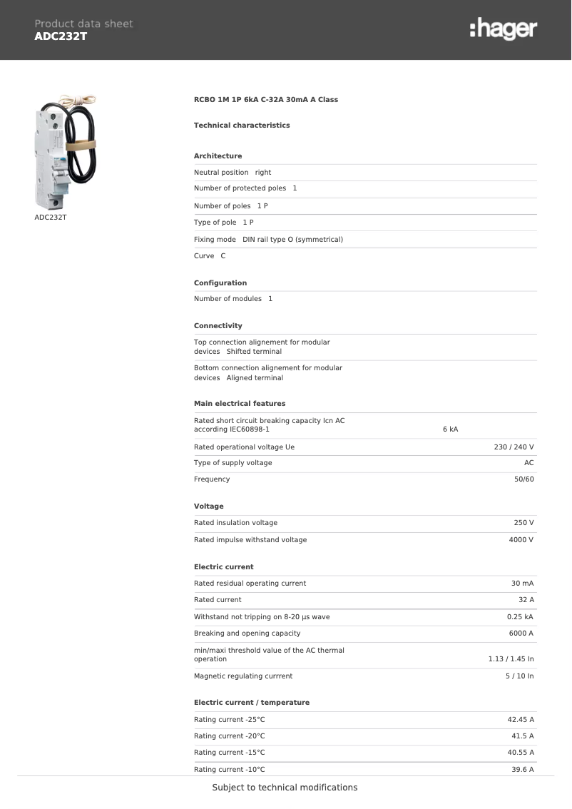 Page 1 of the manual Technical Sheet Hager ADC232T