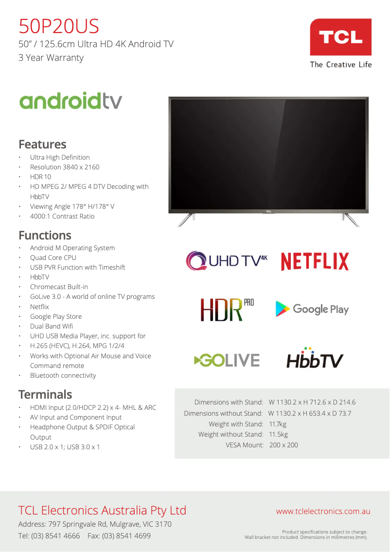 Page 1 de la notice Fiche technique TCL 50P20US