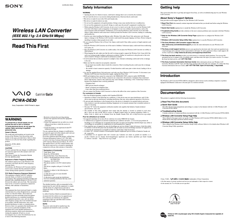 Page 1 de la notice Guide d'installation Sony PCWA-DE30