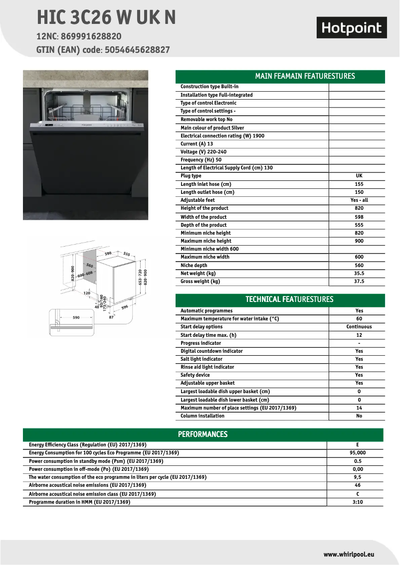 Página 1 del manual Ficha técnica Hotpoint HIC 3C26 W UK N