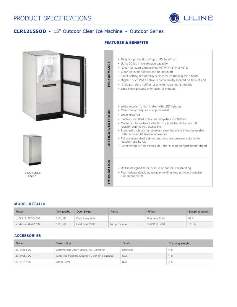 Page 1 de la notice Fiche technique U-Line U-CLR1215OD