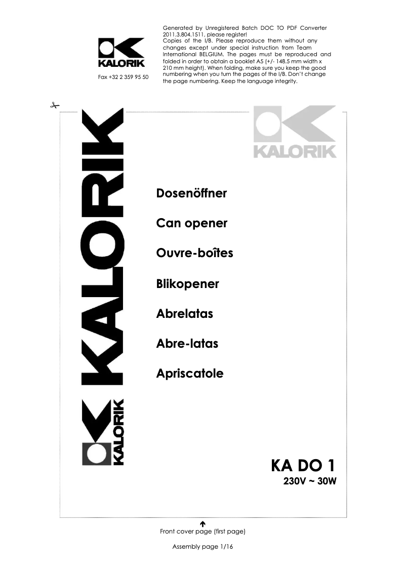 Page 1 de la notice Manuel utilisateur Kalorik KA DO 1