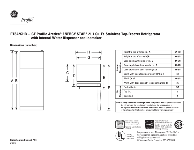 Page n°1 - Fiche technique GE Profile PTS22SHRBS