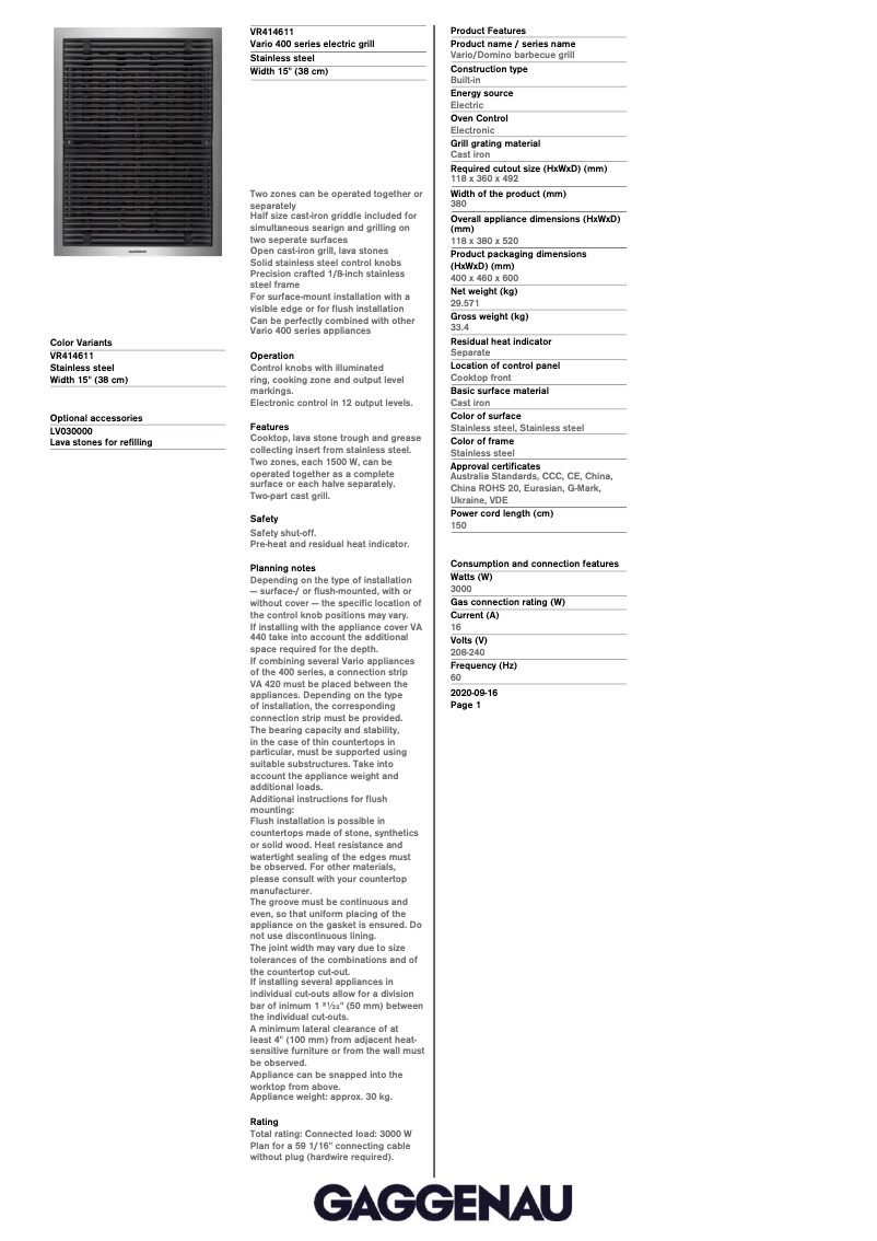 Página 1 del manual Ficha técnica Gaggenau VR414611