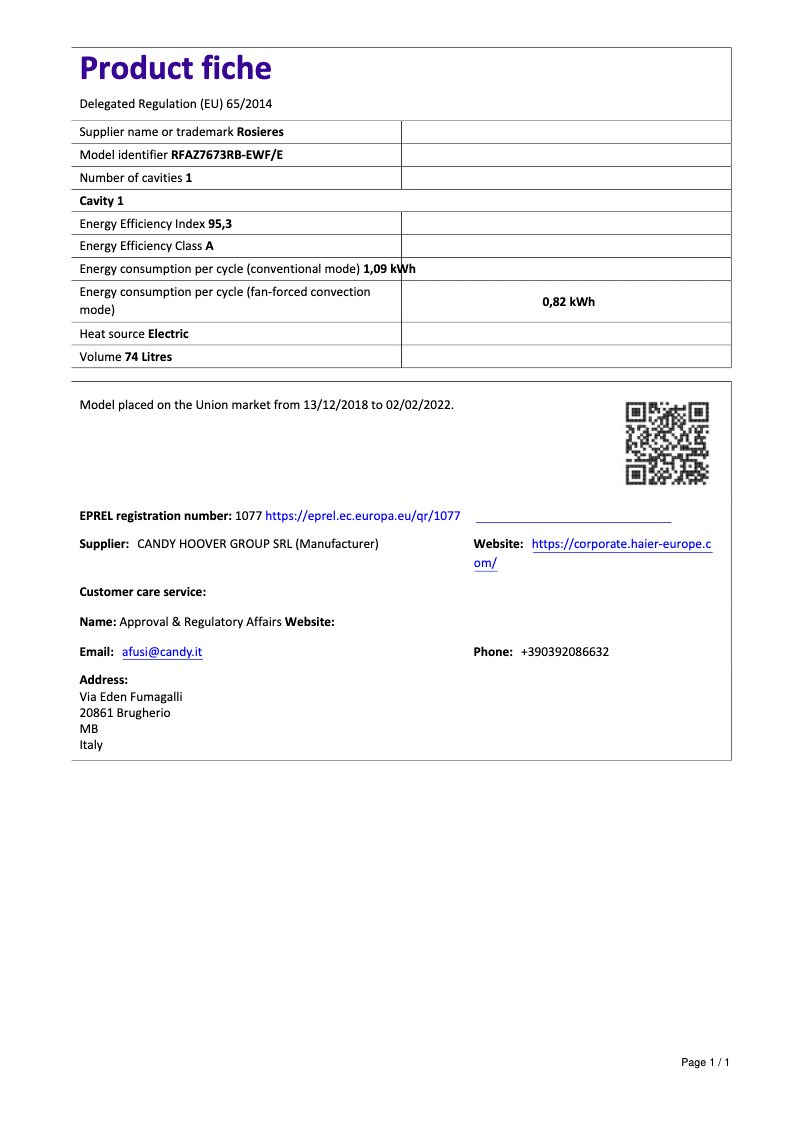 Page 1 de la notice Fiche technique Rosieres RFAZ 7673 RB-EWF/E