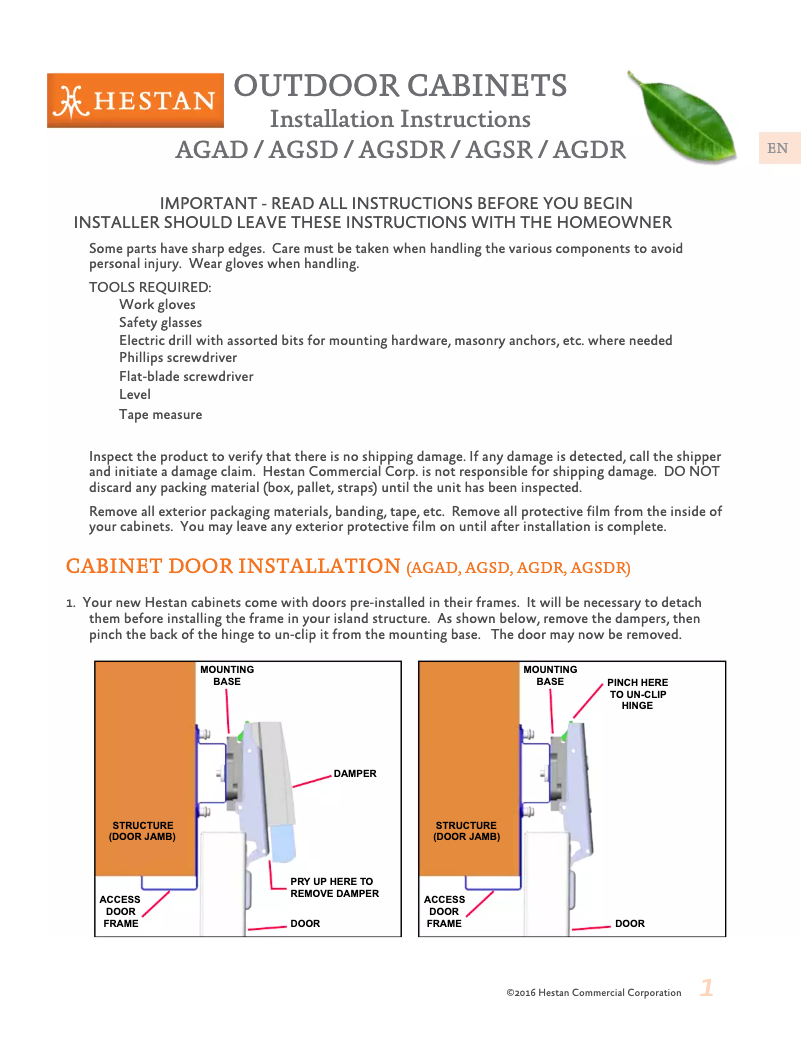 Page 1 de la notice Guide d'installation Hestan AGAD42-BU