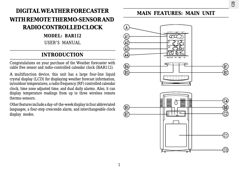 Page 1 de la notice Manuel utilisateur Oregon Scientific BAR112