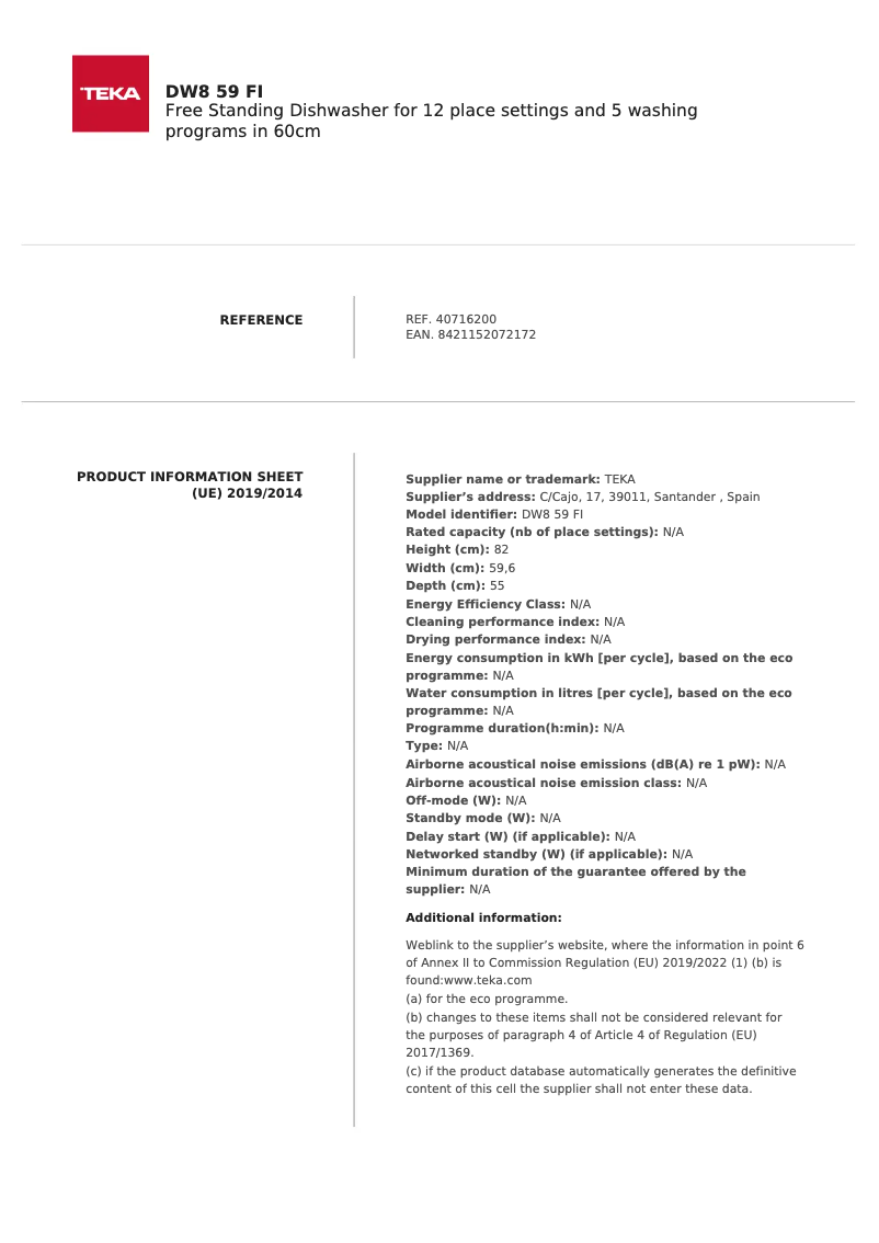 Page 1 de la notice Fiche technique Teka DW8 80 FI