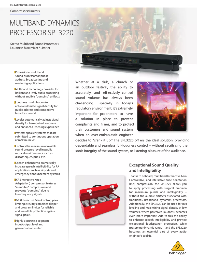 Página 1 del manual Ficha técnica Behringer Eurocom SPL3220