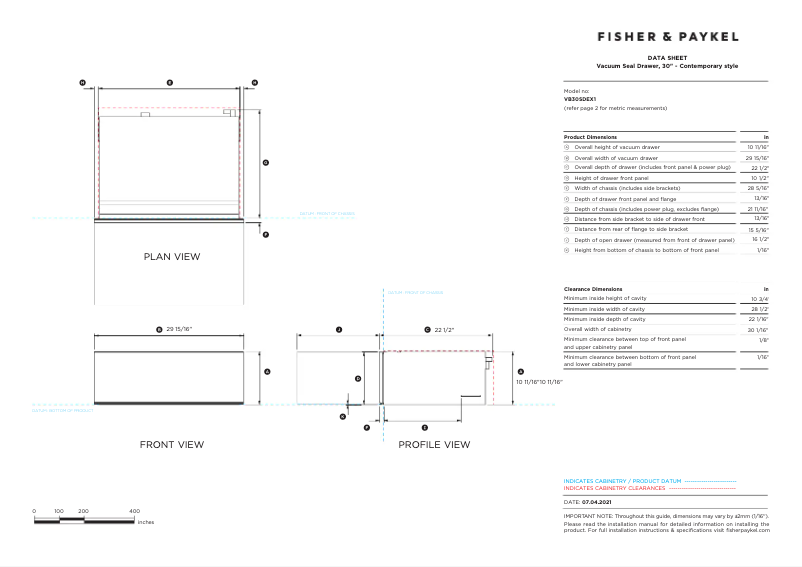 Page 1 de la notice Fiche technique Fisher & Paykel VB30SDEX1