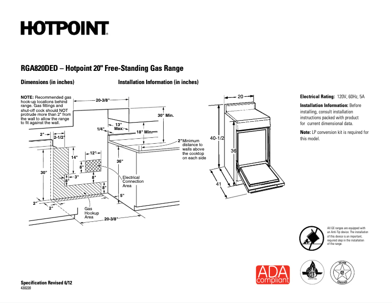 Page 1 de la notice Fiche technique Hotpoint RGA820DEDWW
