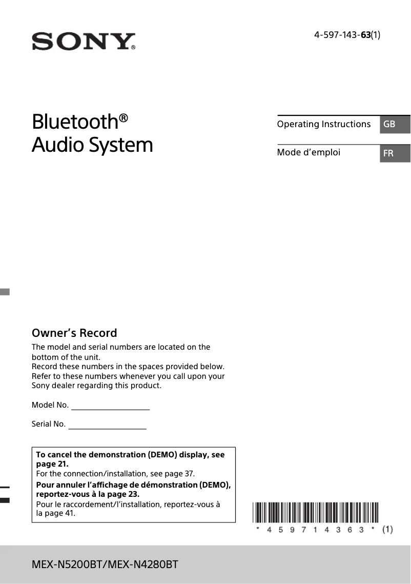 Page 1 de la notice Manuel utilisateur Sony MEX-N4280BT