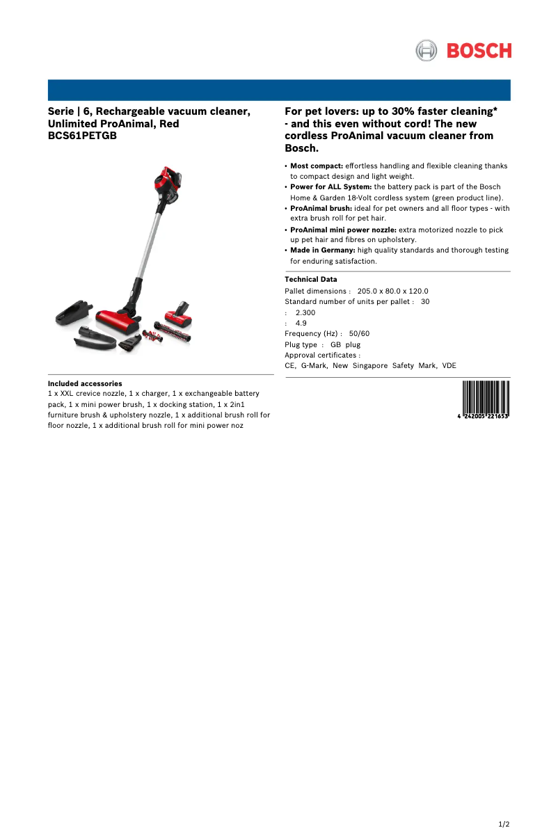 Page 1 of the manual Technical Sheet Bosch BCS61PETGB