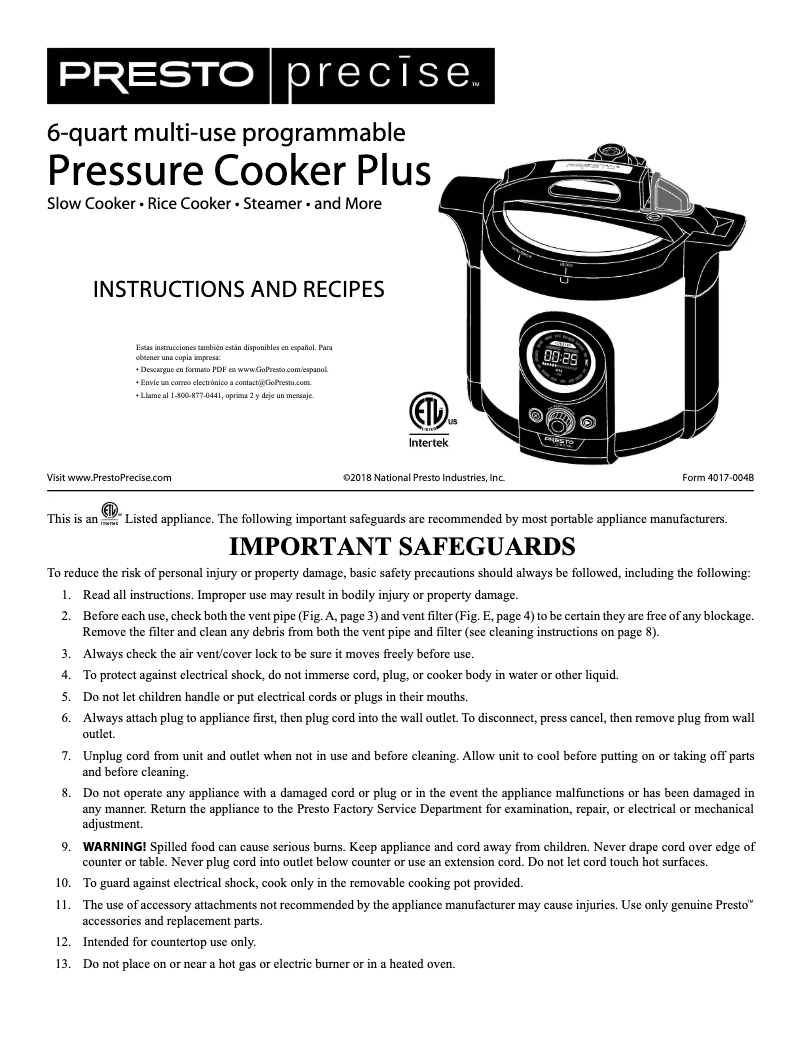 Page 1 de la notice Mode d'emploi Presto Precise 02142