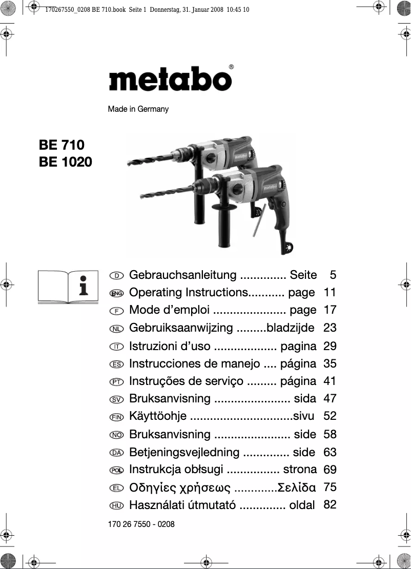 Page 1 of the manual User Manual Metabo BE 1020
