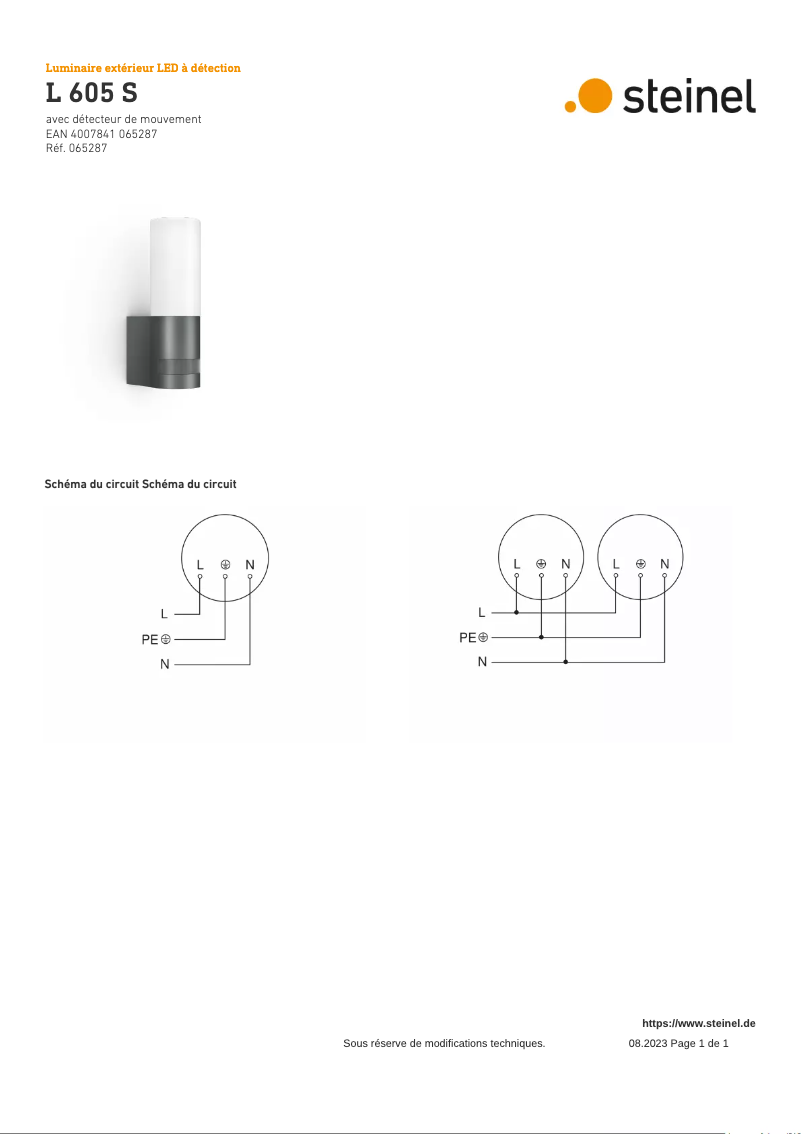 Page 1 de la notice Schéma de câblage Steinel L 605 S