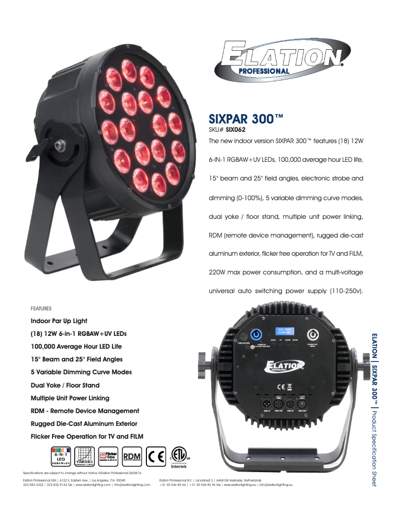 Page 1 de la notice Fiche technique Elation Sixpar 300
