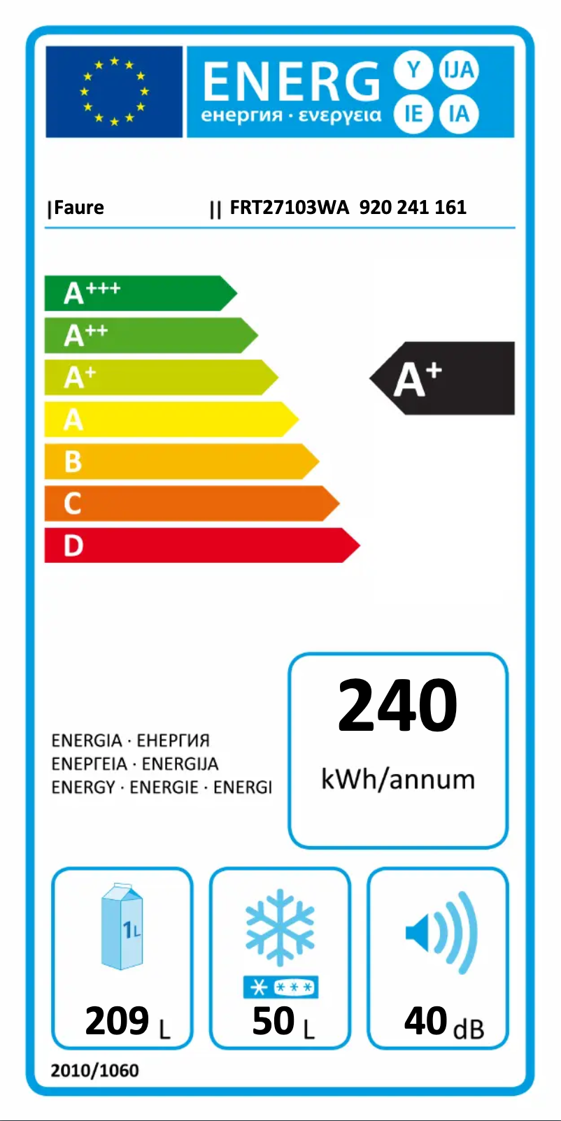 Page 1 of the manual Energy Label Faure FRT27103WA
