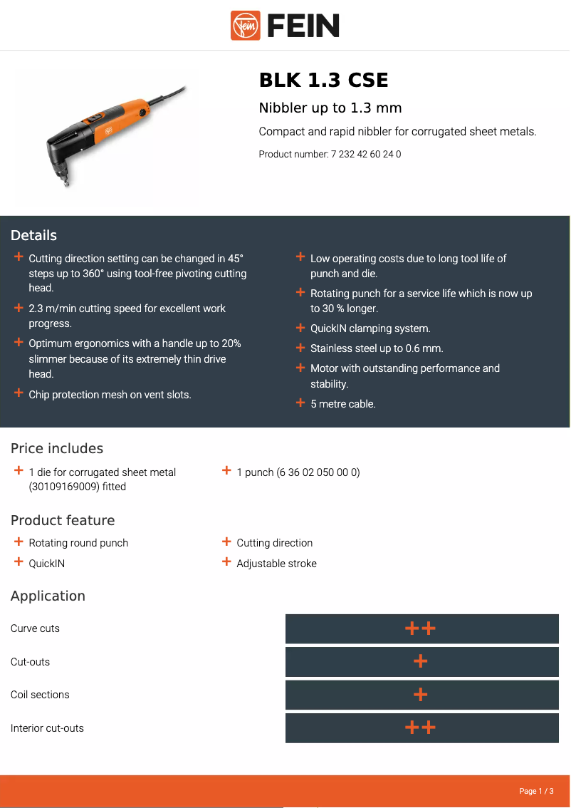 Page 1 de la notice Fiche technique Fein BLK 1.3 CSE