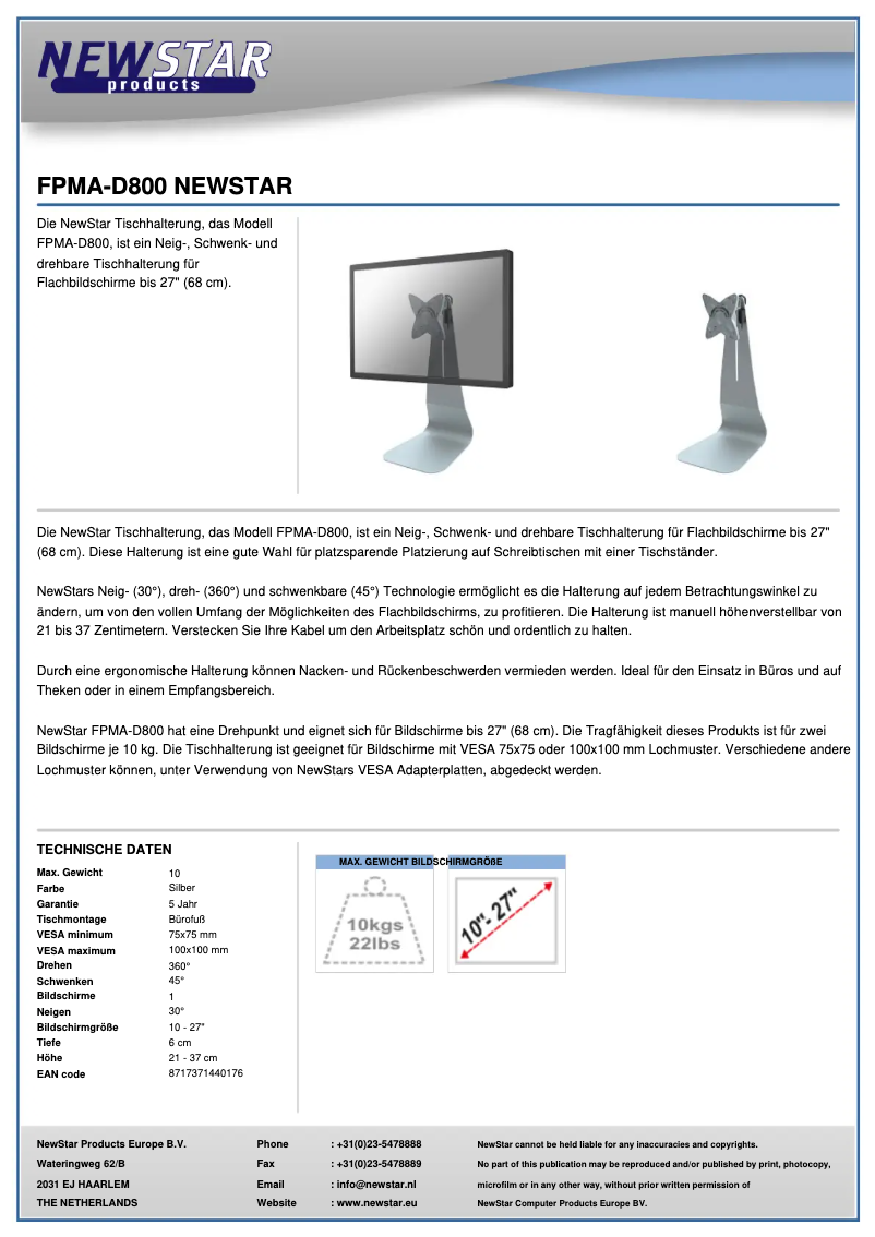 Page 1 of the manual User Manual Newstar FPMA-D800