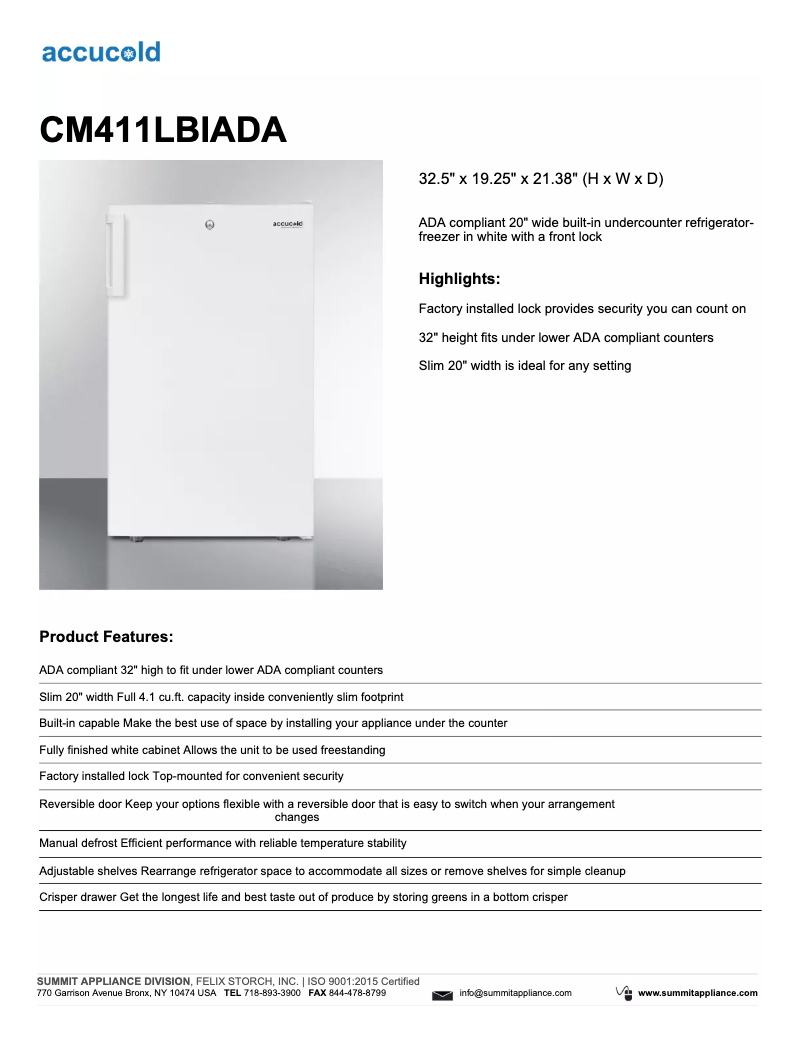 Page 1 de la notice Fiche technique Summit CM411LBI