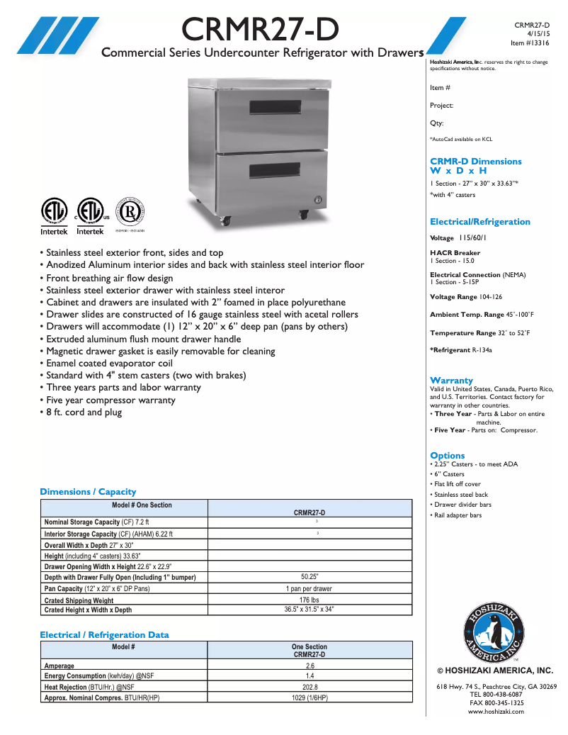 Page 1 de la notice Fiche technique Hoshizaki Commercial CRMR27-D