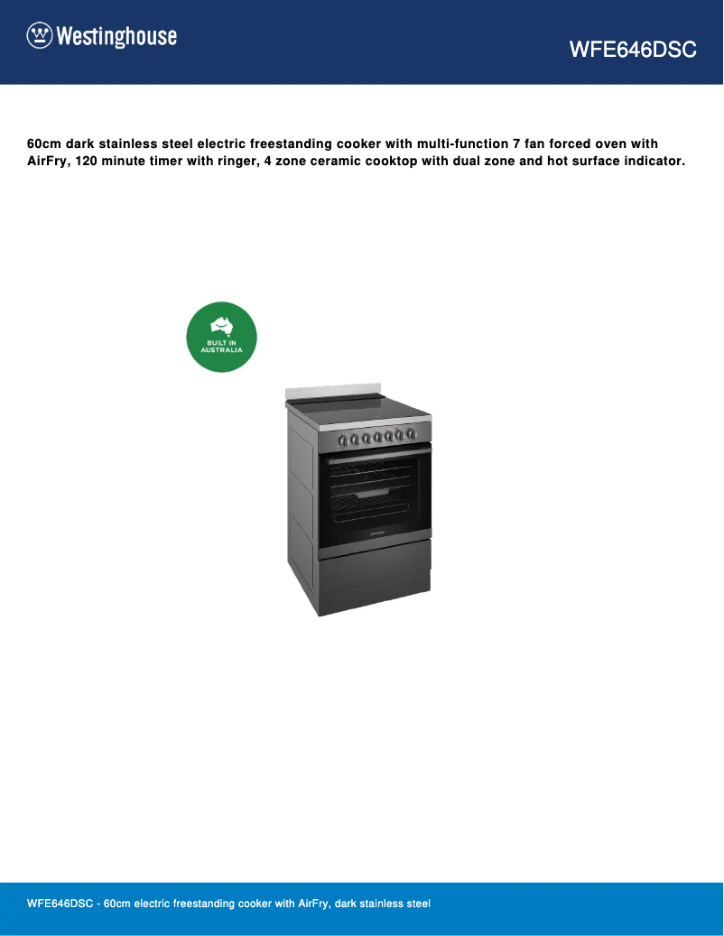 Page 1 de la notice Fiche technique Westinghouse WFE646DSC