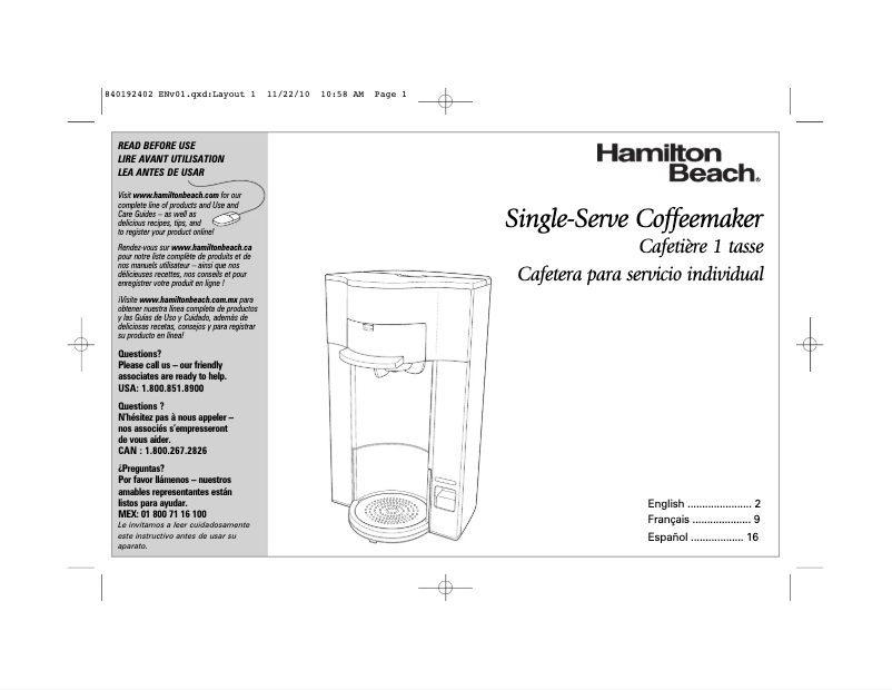 Page 1 de la notice Manuel utilisateur Hamilton Beach Stay or Go 49990Z