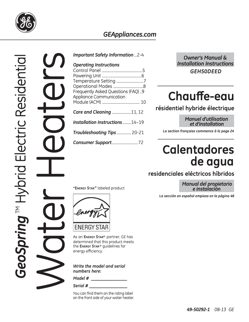 Página 1 del manual Manual de uso y mantenimiento GE GeoSpring H50DEEDSC