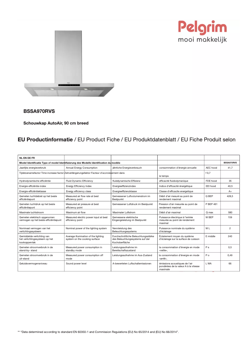 Page 1 de la notice Fiche technique Pelgrim BSSA970RVS